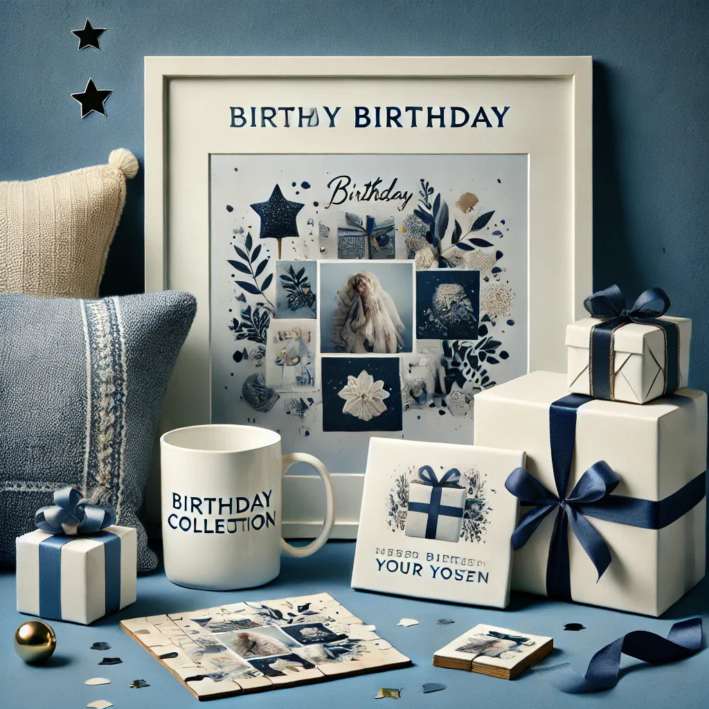 Image with a Frame, Jigsaw Puzzle, Gift Card and Mug which are all customizable in a Birthday Theme
