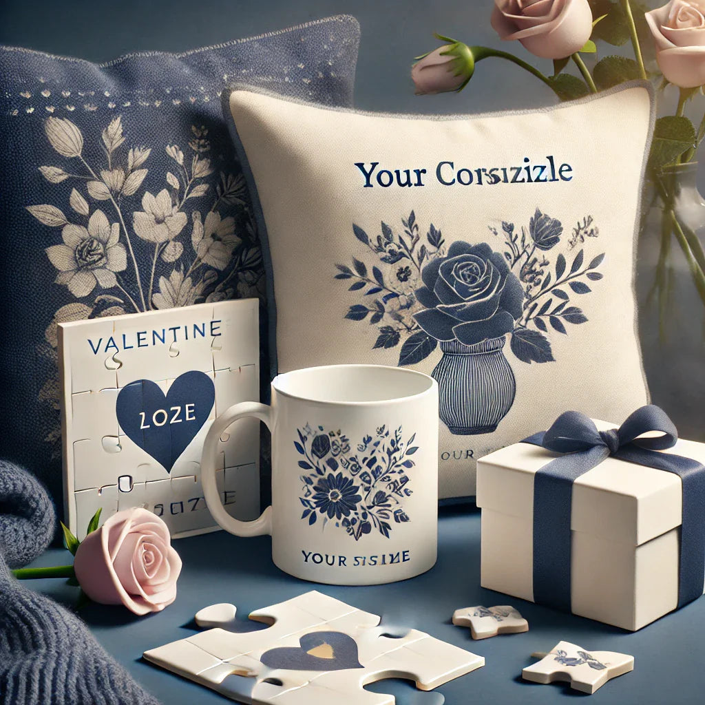 Jigsaw Puzzle, Cusion and Mug which are customizable witha a theme of Valentines Day