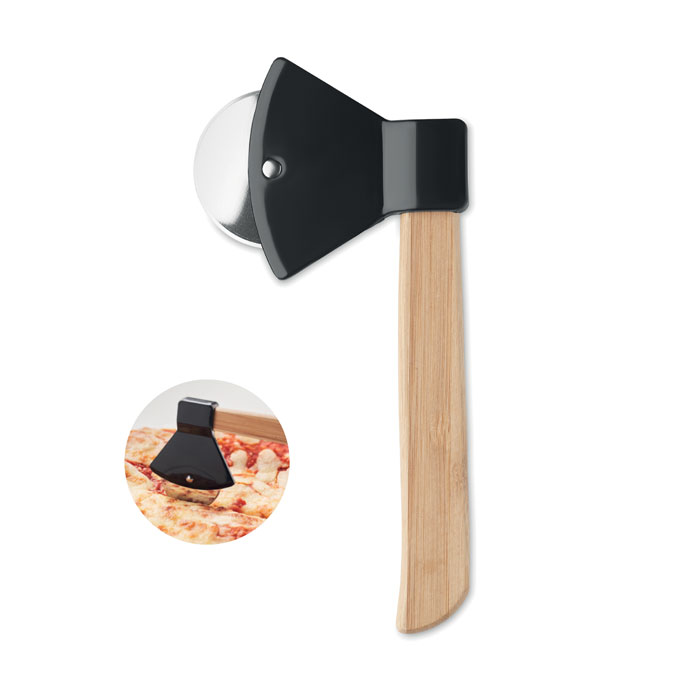 Axe-shaped pizza cutter with bamboo handle with your logo