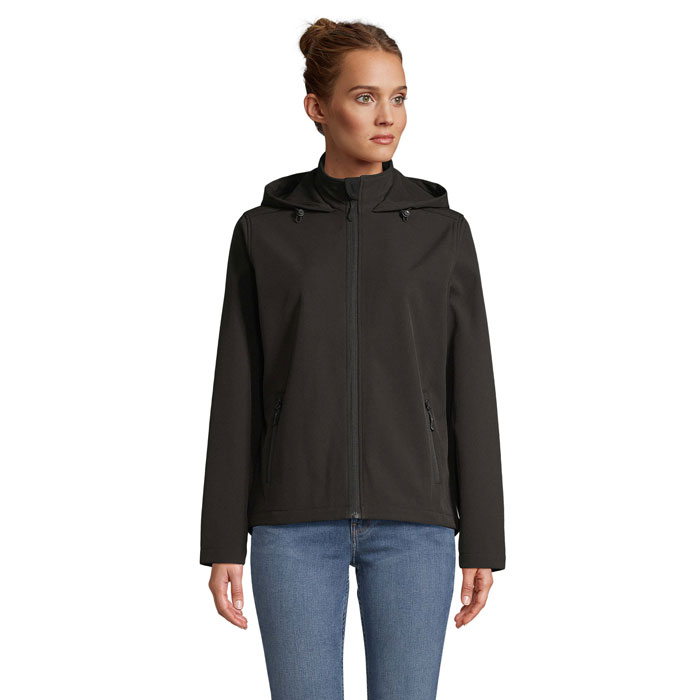 Women's recycled softshell hooded jacket with your logo