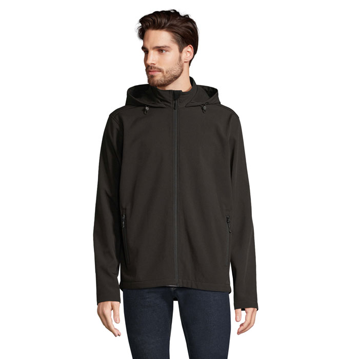 Men's recycled softshell hooded jacket with your logo