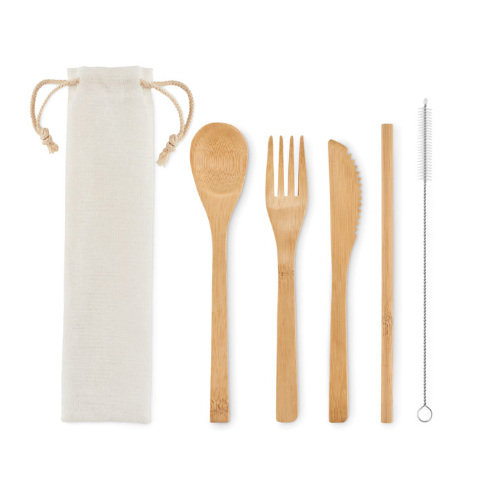 Bamboo cutlery with straw with your logo