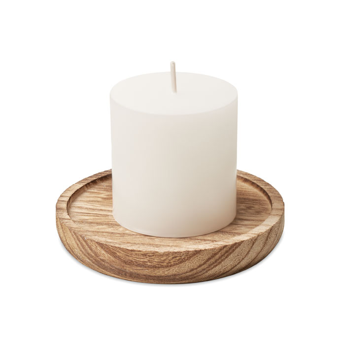 Candle on round wooden base with your logo