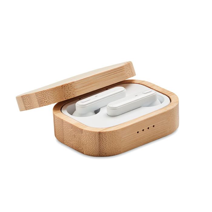 TWS earbuds in bamboo case with your logo