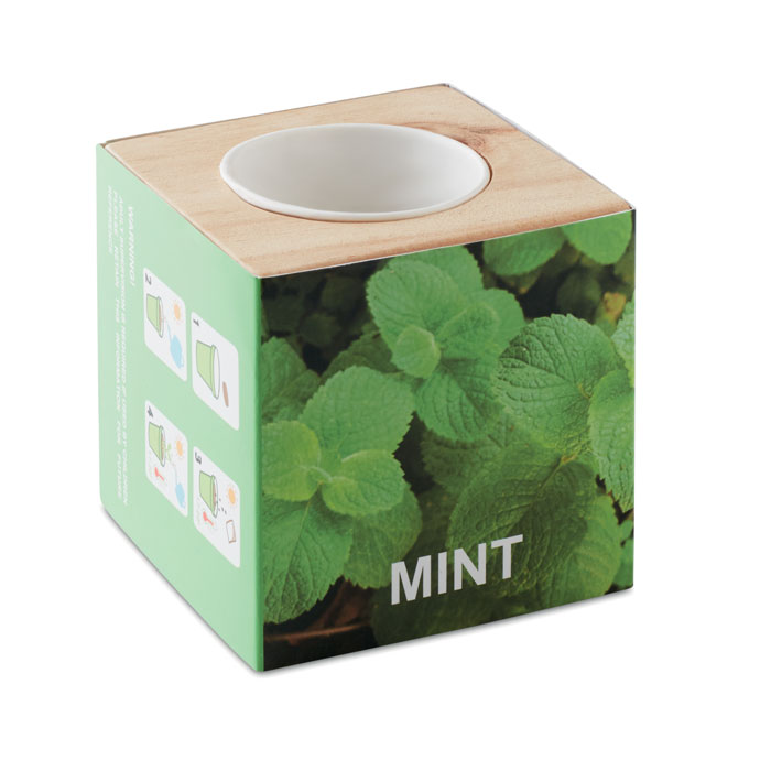 Wooden herb pot with mint seeds with your logo