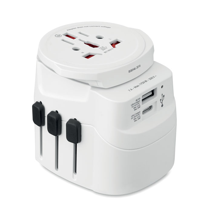 Universal 3-pole travel adapter, USB 30W PD with your logo
