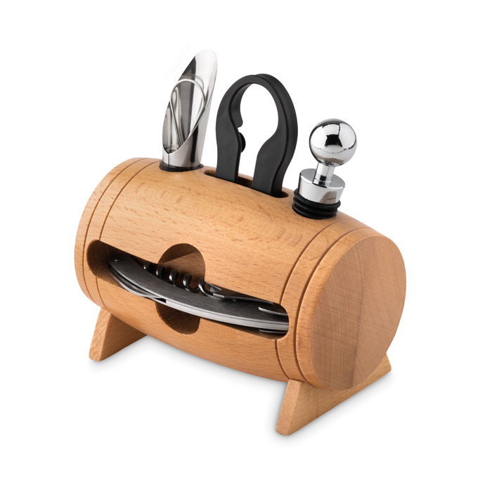 4-piece wine set on wooden stand with your logo