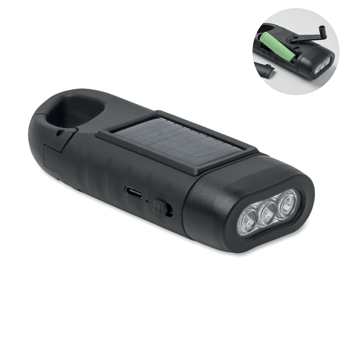 Solar torch with dynamo crank with your logo