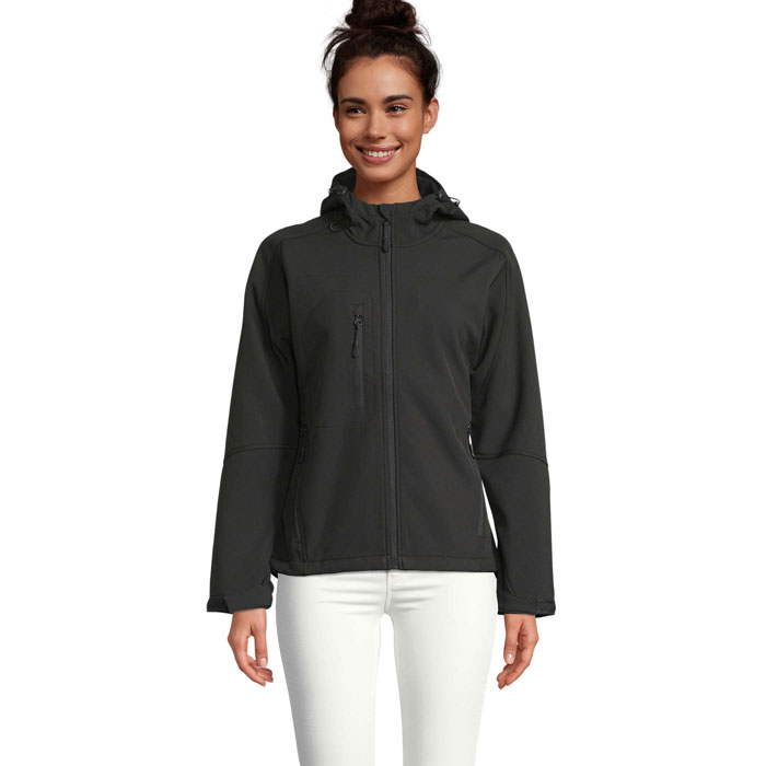 Women's hooded softshell jacket with your logo