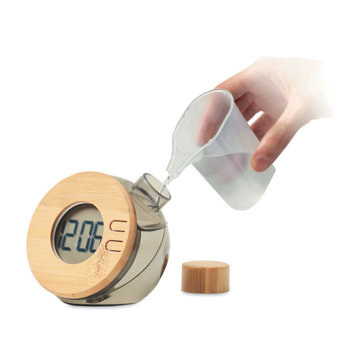 Water-powered bamboo LCD clock with your logo
