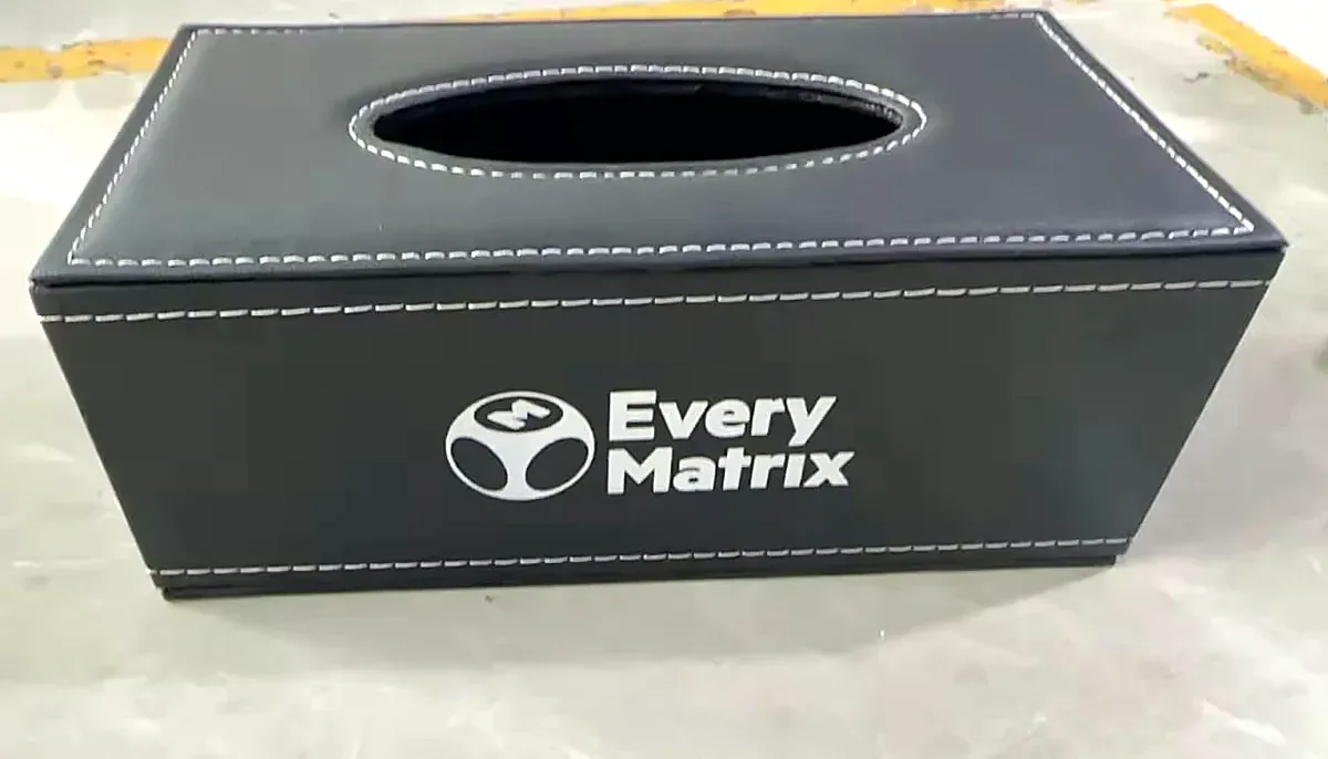 Leather tissue boxes branded for EveryMatrix