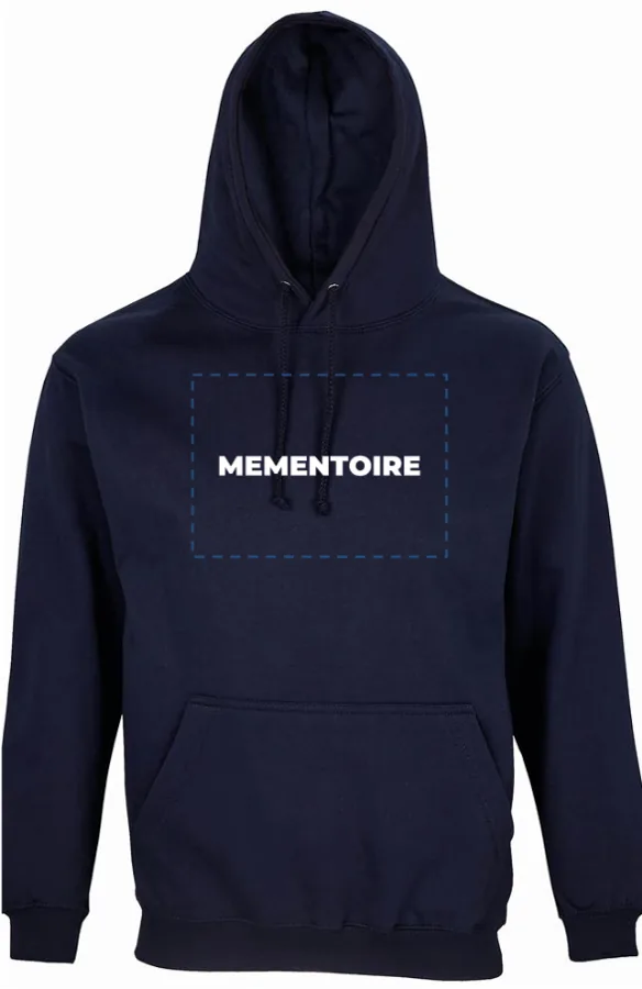 Logo preview of a company logo on a navy hoodie inside the print area